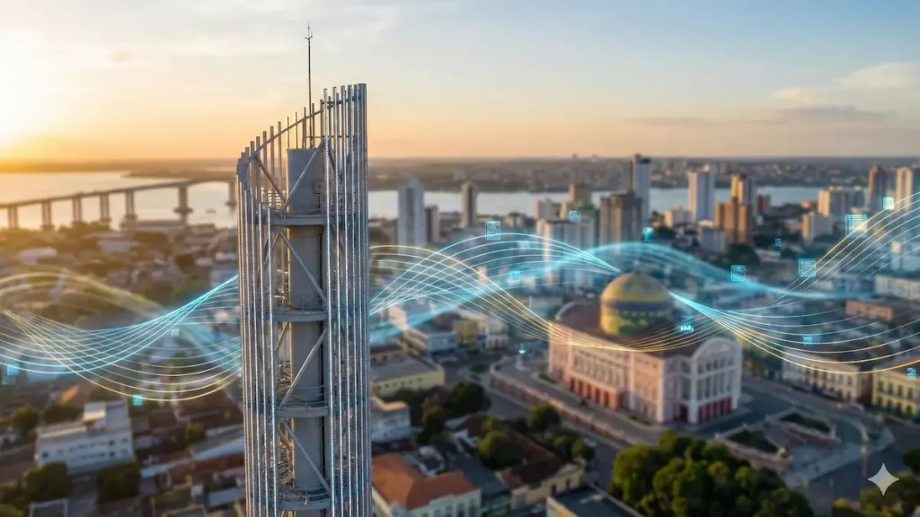 Torre de telecomunicações 5G em Manaus com a cidade ao fundo e símbolo de rede de alta velocidade