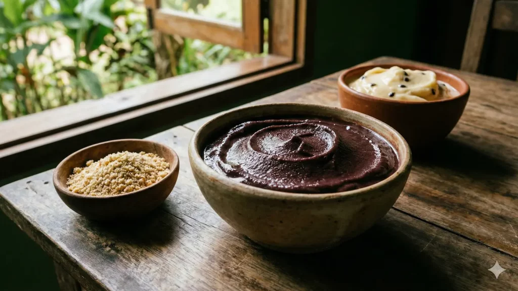 Açaí tradicional com farinha e cupuaçu em sobremesa regional