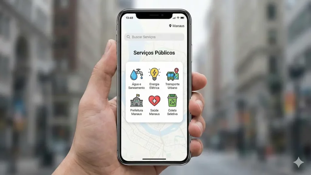 Tela de smartphone mostrando ícones de aplicativos oficiais de serviços públicos de Manaus
