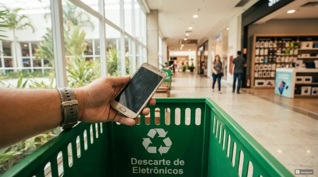 Pessoa descartando celular antigo em ponto de coleta de lixo eletrônico em Manaus - descarte correto de eletrônicos