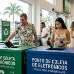 Ponto de entrega voluntária para descarte de lixo eletrônico em supermercado de Manaus, mostrando contêineres específicos e moradores descartando celulares e computadores de forma correta