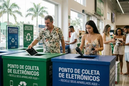 Ponto de entrega voluntária para descarte de lixo eletrônico em supermercado de Manaus, mostrando contêineres específicos e moradores descartando celulares e computadores de forma correta