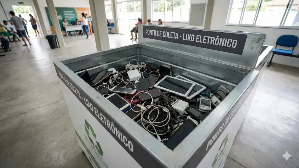 Caixa de coleta de lixo eletrônico com celulares e cabos para reciclagem
