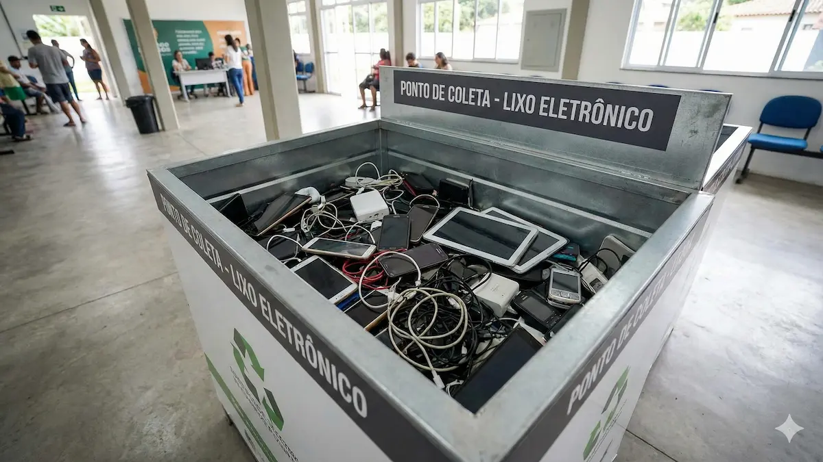 Caixa de coleta de lixo eletrônico com celulares e cabos para reciclagem