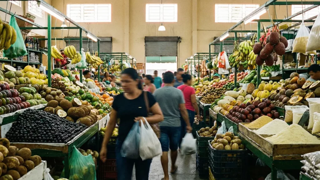 Bancas com farinhas, frutas e temperos regionais em feira de Manaus