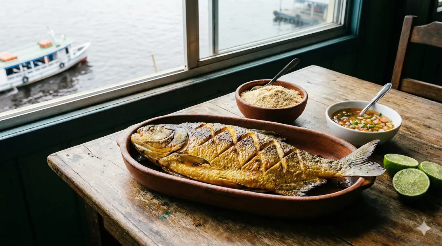 Mesa com tambaqui assado, farinha e acompanhamentos em Manaus