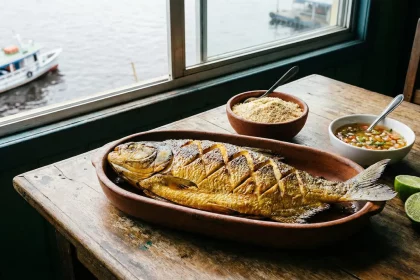 Mesa com tambaqui assado, farinha e acompanhamentos em Manaus