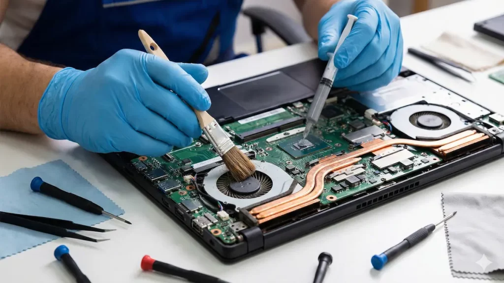 Técnico fazendo manutenção preventiva em notebook, limpando ventoinhas e trocando pasta térmica
