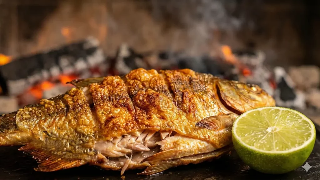Tambaqui assado na brasa servido com limão e acompanhamentos