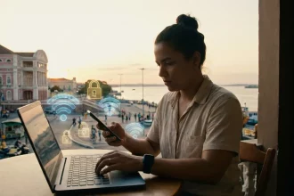Pessoa usando celular e notebook em Manaus com ícones de Wi-Fi e cadeado