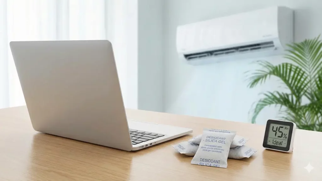 Notebook em ambiente climatizado com saquinhos de sílica gel e higrômetro mostrando controle de umidade