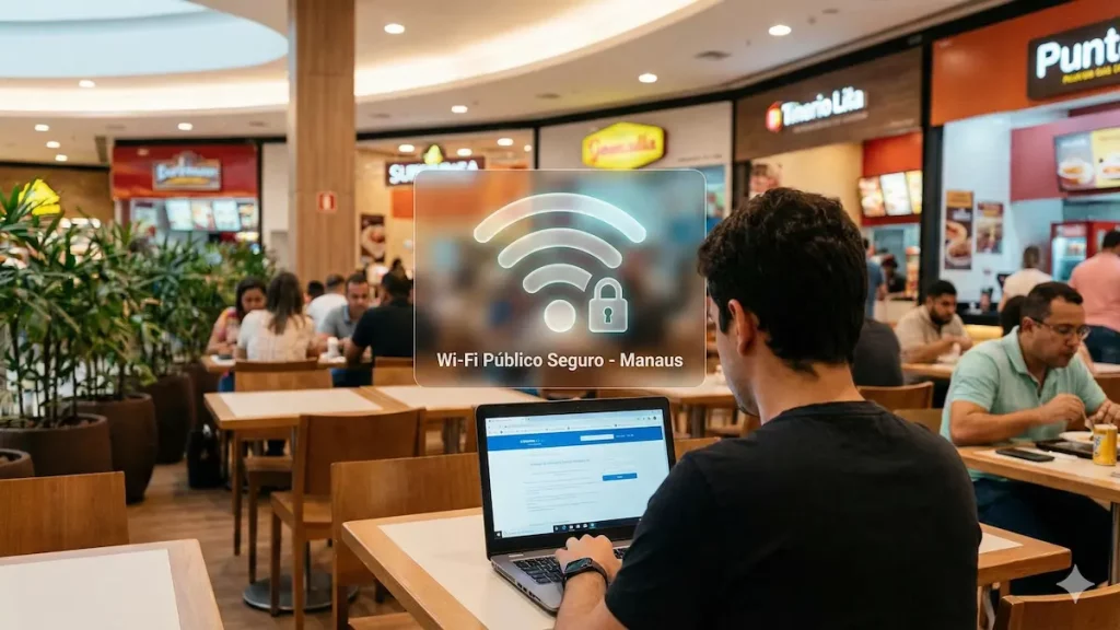 Pessoa usando laptop em praça de alimentação de shopping com símbolo de Wi-Fi público e cadeado de segurança