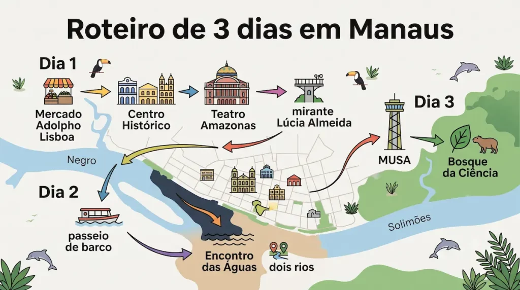 Sugestão de roteiro turístico de três dias em Manaus