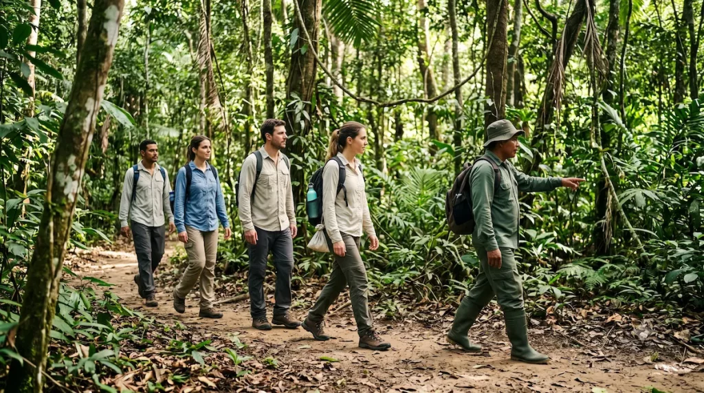 Visitantes acompanhados por guia durante atividade de turismo responsável na Amazônia